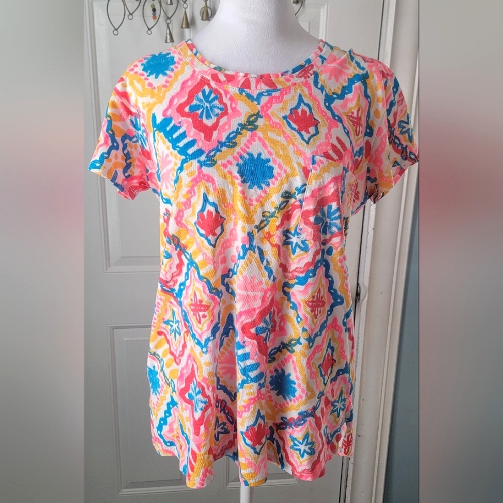 Fresh Produce Tee-Shirt Women's S Neon Pink, Blue, White Geometric 100% Cotton